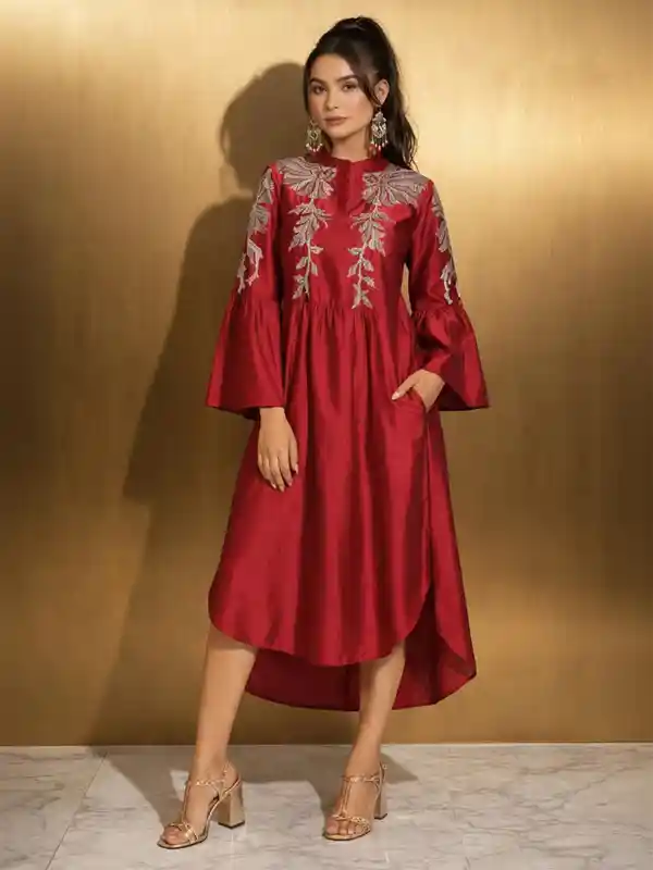 Women Fuchsia Floral Embroidered Ethnic Dress